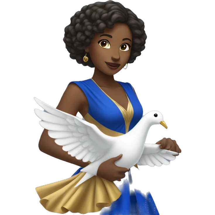 Young black woman wearing a royal blue and gold dress riding a white dove  emoji