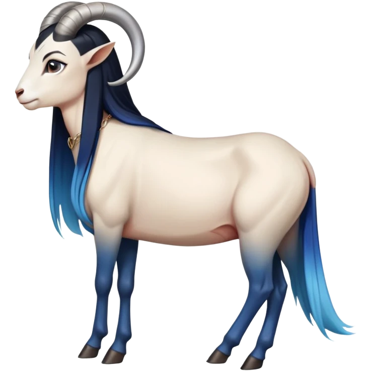 Art of a human white woman's very perfect body scheme anatomy-very long straight black to blue hair ombre-small goat horns-lean back-on knees-superman necklace emoji