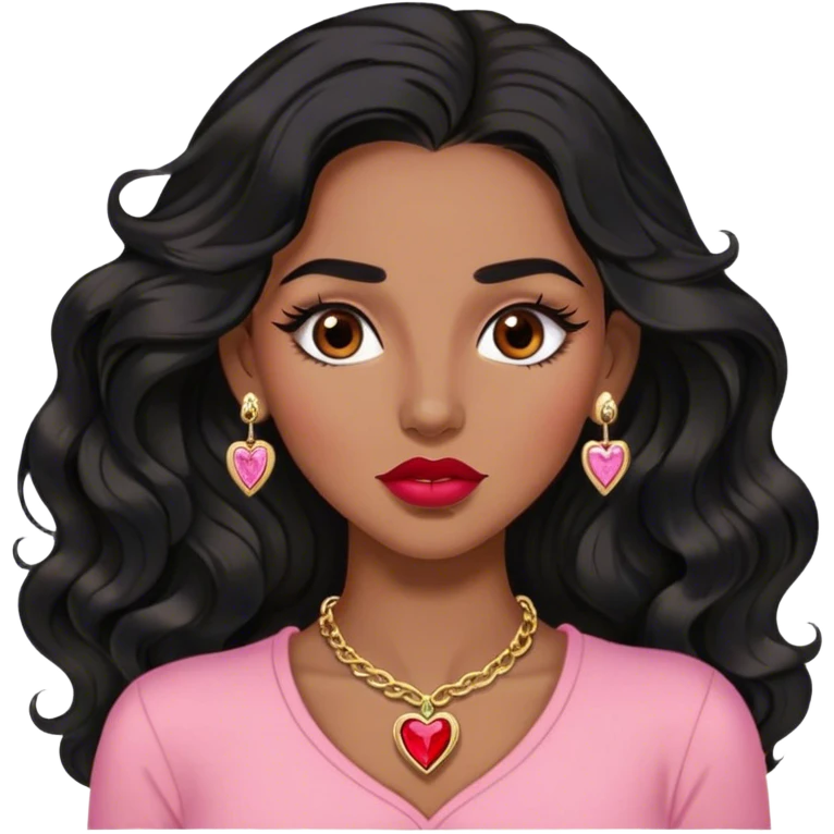 Woman,Medium brown skin,super long black wavy hair, medium brown arched eyebrows, full lashes, red nude lips, diamond stud earrings, gold heart locket, pink shirt emoji