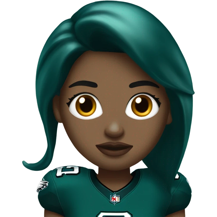 White female long dark hair red lips wearing Philadelphia Eagles jersey emoji