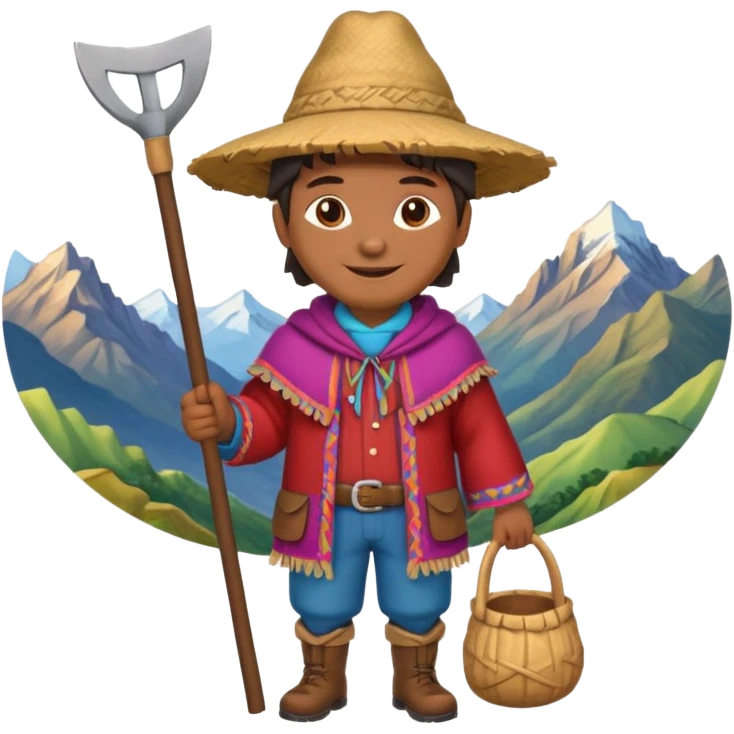 3D emoji style illustration of a Peruvian Andean farmer, wearing traditional chullo hat and poncho, holding a hoe, smiling, mountains in background, bright natural colors, bold outlines, glossy sticker style, transparent background emoji