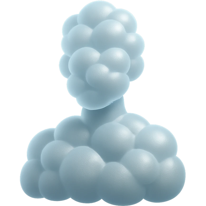 bright person composed entirely of convex clouds, shoulder up, front view, matte glass style emoji