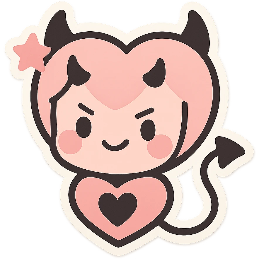 devil emoji, chibi style, pastel pink and black colors, heart-shaped face, tiny horns, cute but mischievous expression, heart motif, star accessory emoji