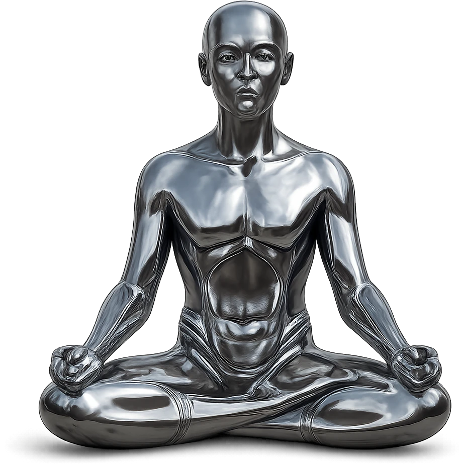 a circle of stylized chrome statues, mixed genders, meditating in the lotus position, futuristic and polished emoji