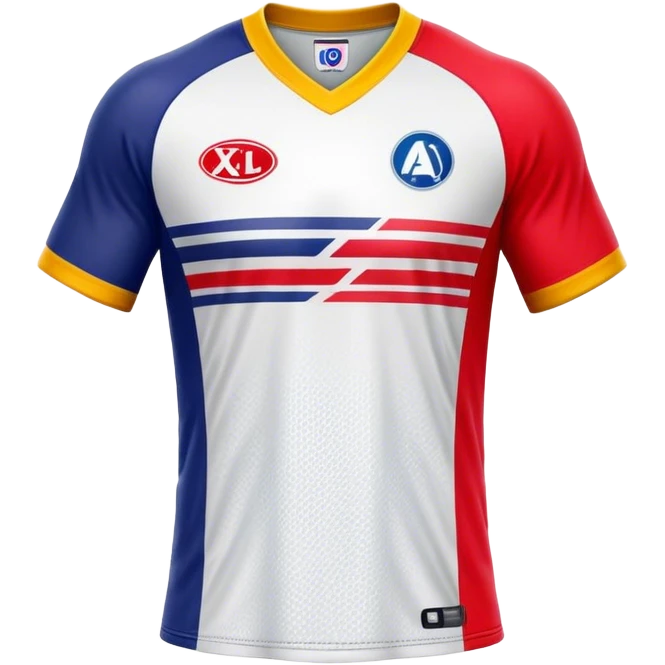 Cinematic Realistic image of an AFL jersey rendered in vibrant team colors with detailed fabric textures and dynamic creases, illuminated by bold, stadium lighting that accentuates its sporty character emoji