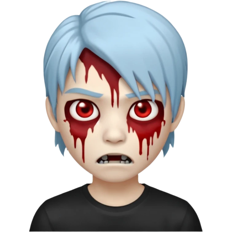 Create a 3D emoji-style avatar with very pale blue-grey zombie skin like the reference image, a young Asian face, and large eyes with blood tears. Give it white mullet-style hair, silver hoop earrings, and a plain black T-shirt. The face expression should be slightly angry, wwhite vampire teeth emoji