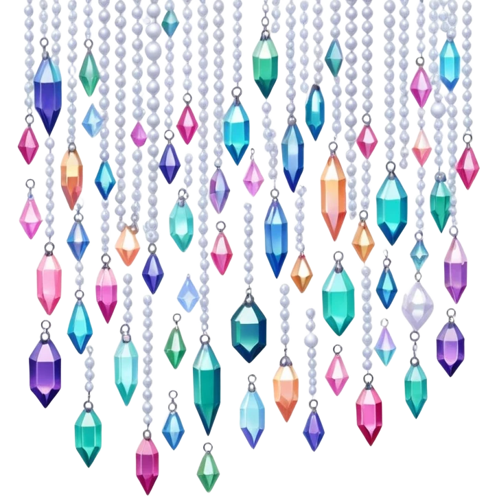 Many cute tiny Iridescent glistening glossy sparkly shiny glittery hanging crystals pearls and beads and gemstones scenery scenic decorations emoji