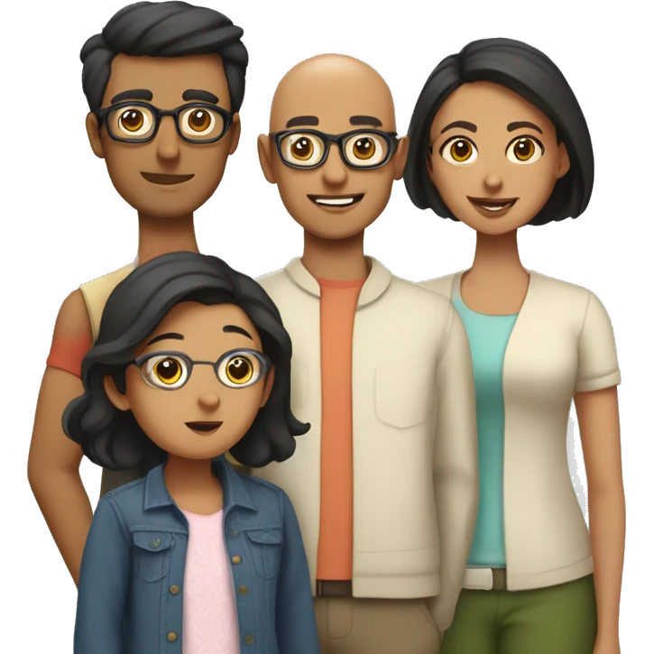 south asian family consisting of 1 bald dad with glasses, mum with glasses and short hair, 25 year old girl with long hair and a 22 year old boy  emoji