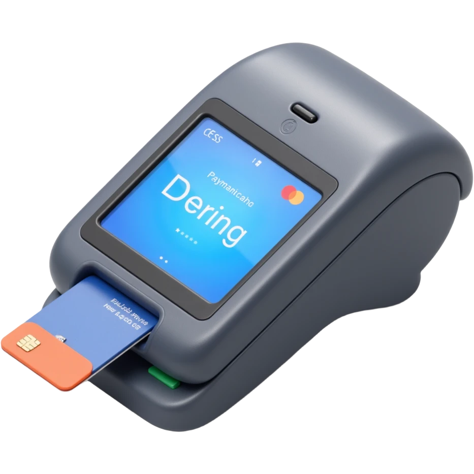 a modern payment terminal with a large screen showing a loading animation, a card inserted, realistic textures, soft lighting, skeuomorphism style, no background emoji