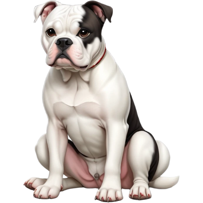 cinematic-[american bulldog]-realistic-full-body-sitting-emoji,-tail-resting-loosely-beside-its-paws,-head-tilted-dramatically,-sleek-[pied black]-fur,-simplified-yet-realistic-focused-features,-highly-detailed,-glowing-with-an-almost-sarcastic-glow emoji
