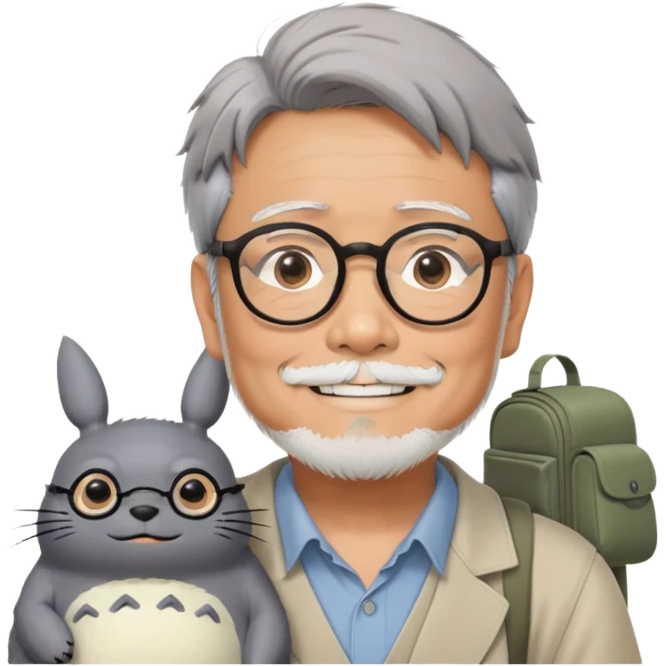 _cinematic-realistic-portrait-of-hayao-miyazaki,-depicted-with--large-rectangular-glasses,-his-happy-expression-rendered-in-lifelike-detail,-illuminated-with-soft,-realistic-lighting-that-emphasizes-his-creative-genius, with totoro sitting on this shoulder  emoji
