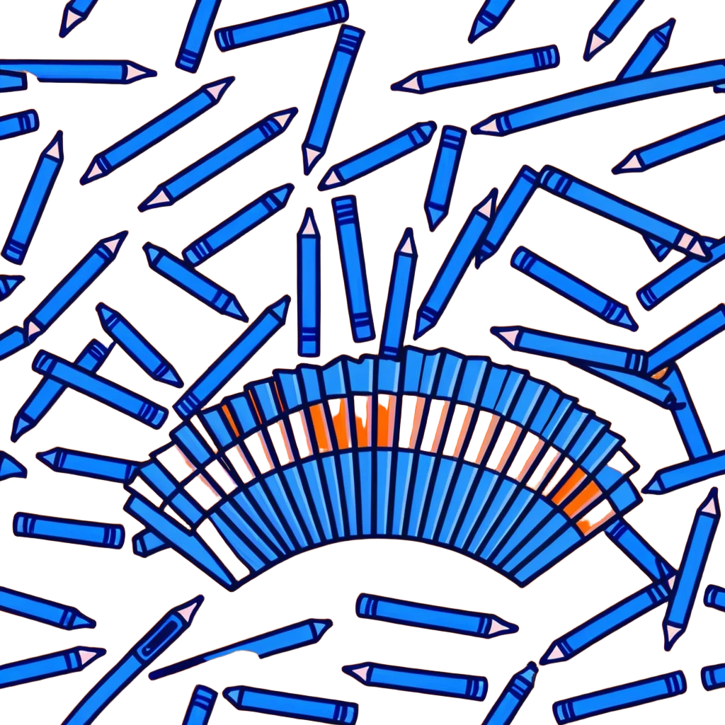 Eleven blue crayons of different shades arranged in a fan pattern emoji