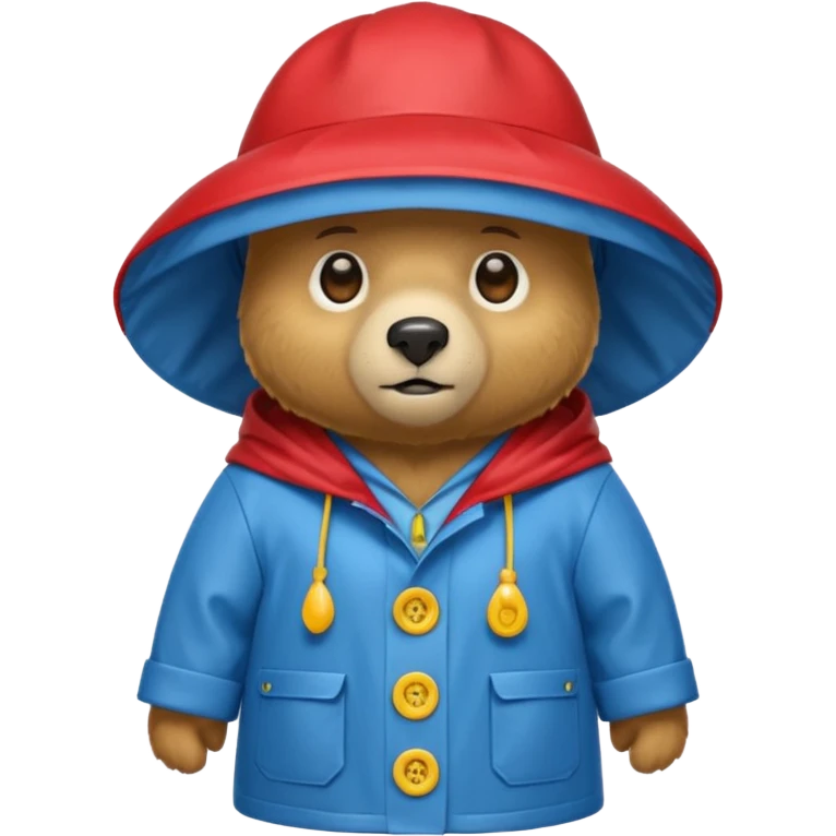 A bear in a red rain hat and a blue raincoat with yellow buttons down the middle emoji