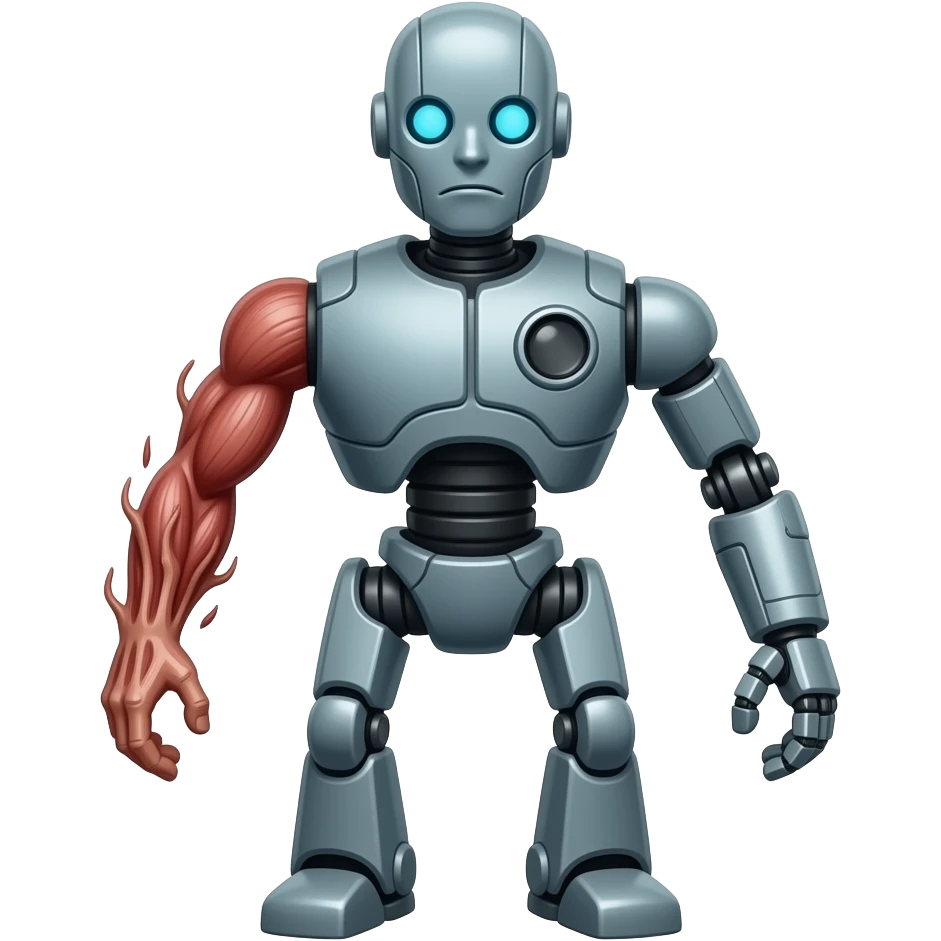 Make a scary looking world destroying robot with a left arm made of human flesh emoji
