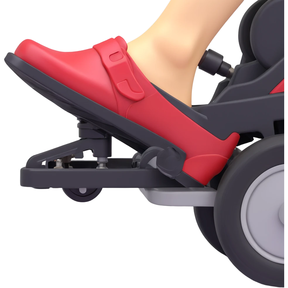 A clean 3D emoji-style illustration of a single right foot pressing down on gas pedal. Only the foot and the pedal are shown, viewed from the side. The pedal is slightly tilted to show pressure. No background, simple colors, minimal details emoji