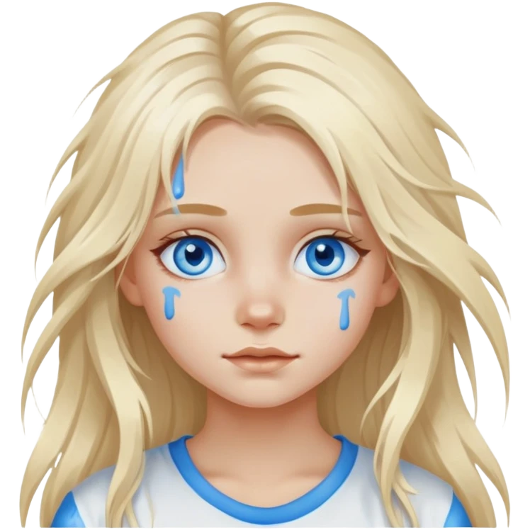 Girl with blue eyes and white paint on her face with long blond messy air,  emoji