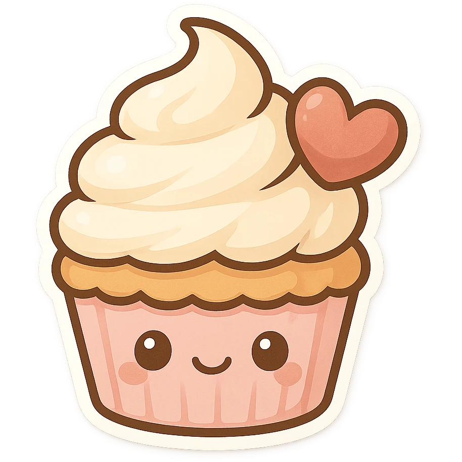 chibi sticker-style cupcake with a heart accent, cute and exaggerated emoji