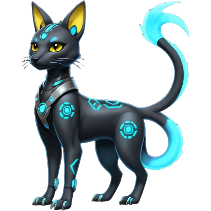 Futuristic Glowing shiny bioluminescent translucent dark cool handsome badass cyberpunk-cyborg-Bastet-Umbreon-Salandit-fusion (full body) emoji