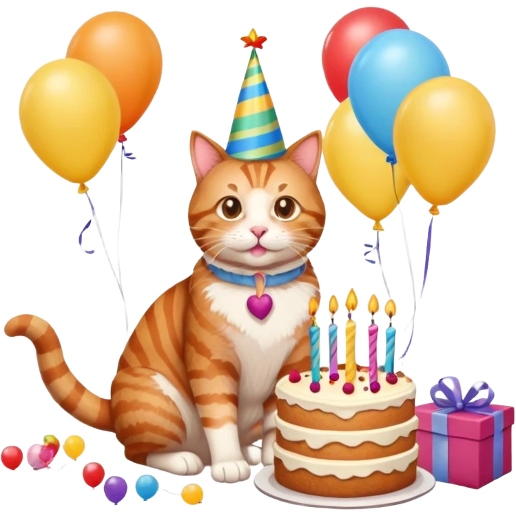 Ginger tabby cat celebrating birthday, birthday hat, birthday cake, balloons, happy, gifts emoji