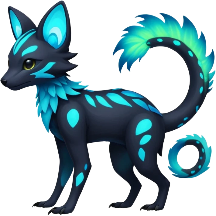 Rare realistic dark-neon glowing bioluminescent edgy badass epic pretty beautiful handsome gorgeous aesthetic colorful vibrant Vernid-Trico-species-Fakemon-creature by LiLaiRa, 4 legs, 1 tail, random markings, (full body) emoji