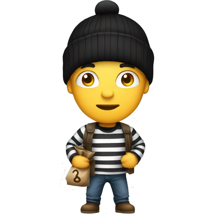 robber wearing criminal striped shirt, a black beanie, holding a money sack. emoji