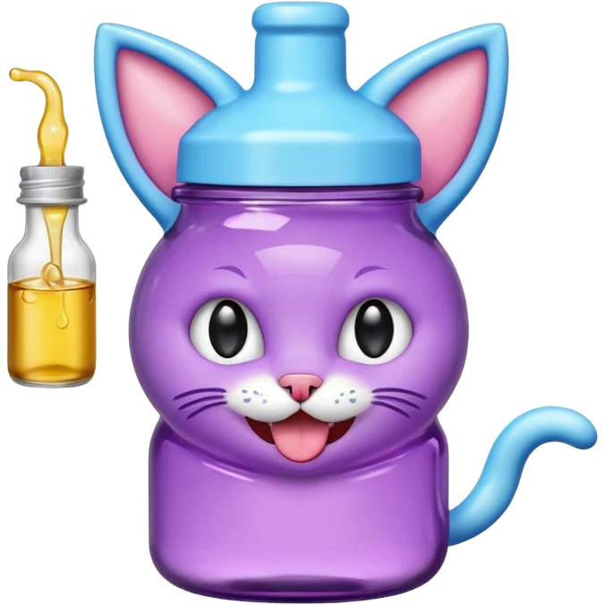 Smiling bottle of oil light purple top and light blue sticking tongue out and with cat ears emoji