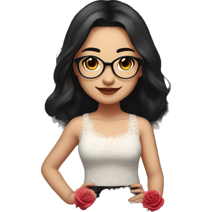 Asian girl, smiling with teeth and dimples on the cheeks, fair skin, black long hair, black eyes, black glasses with gold frames, red lipstick, wearing a white lace tank top and a black office jacket on top, with pink and red roses around her, chibi. emoji