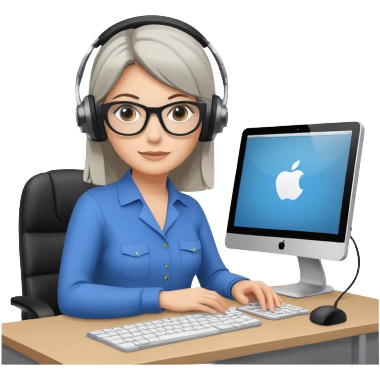 donna bionda occhi azzurri con occhiali grigio/neri, capelli media lunghezza lisci, davanti al pc alla sua scrivania. è una grafica editoriale e redattrice emoji