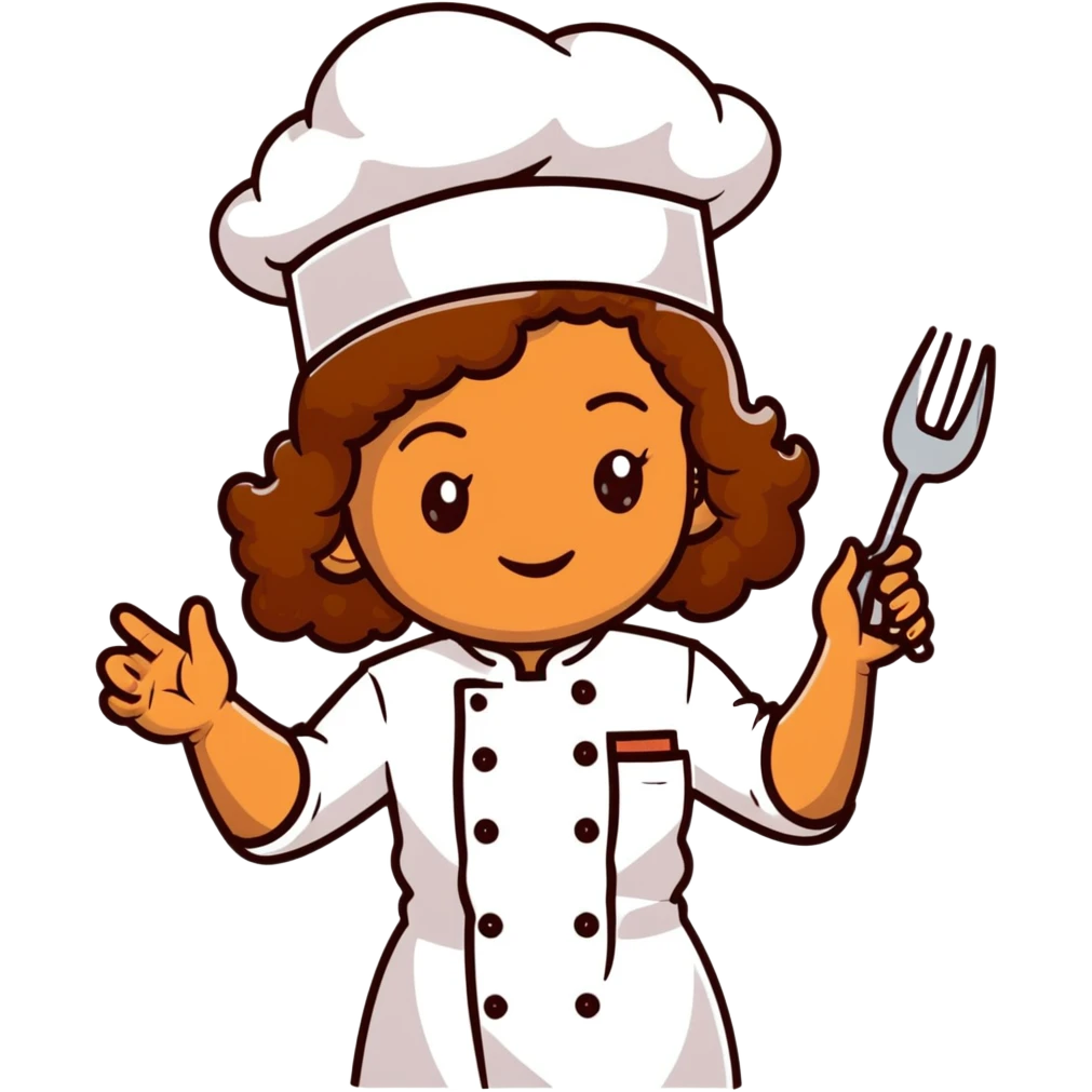 Light brown skinned mixed-race female chef with medium-length curly brown hair, wearing a chef's hat (toque), with both an angel halo and devil horns on her head emoji