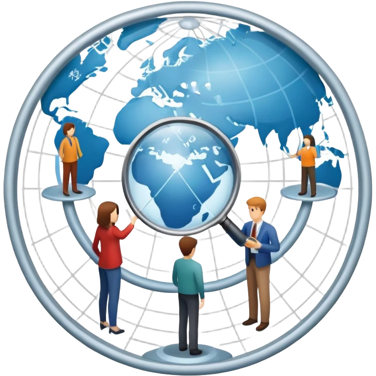 An icon featuring a group of people, a network diagram, and a magnifying glass, symbolizing sociology. The design includes a globe and interconnected lines, representing social structures and relationships. Transparent background highlights the study of societies and human behavior. emoji