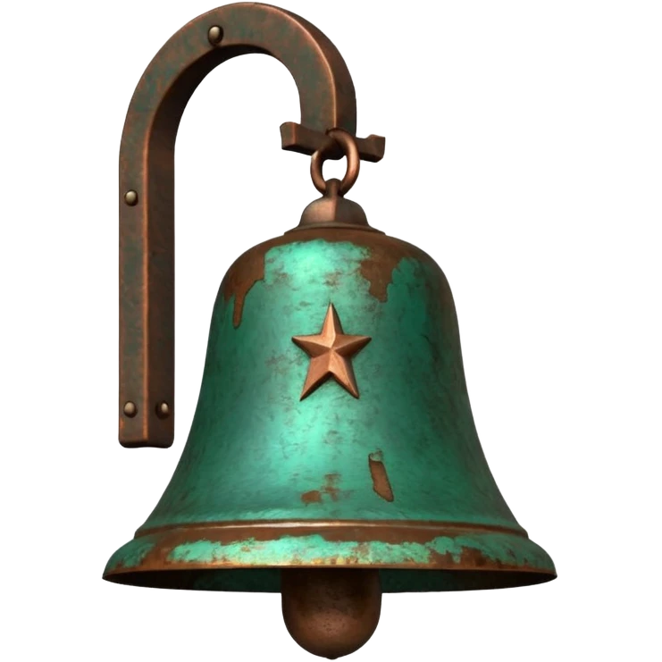 3D render of Church Bell, heavily oxidized copper texture, verdigris patina, Green weathered metal surface, weathered bronze aesthetic, ancient decay, emoji style, isolated on white background --v 6.0. emoji