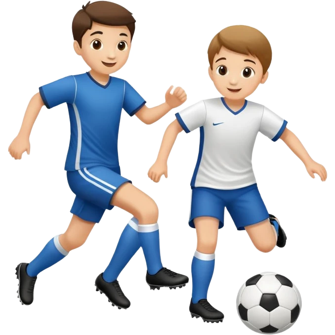 two children playing soccer, one kicking the ball, happy and playful emoji