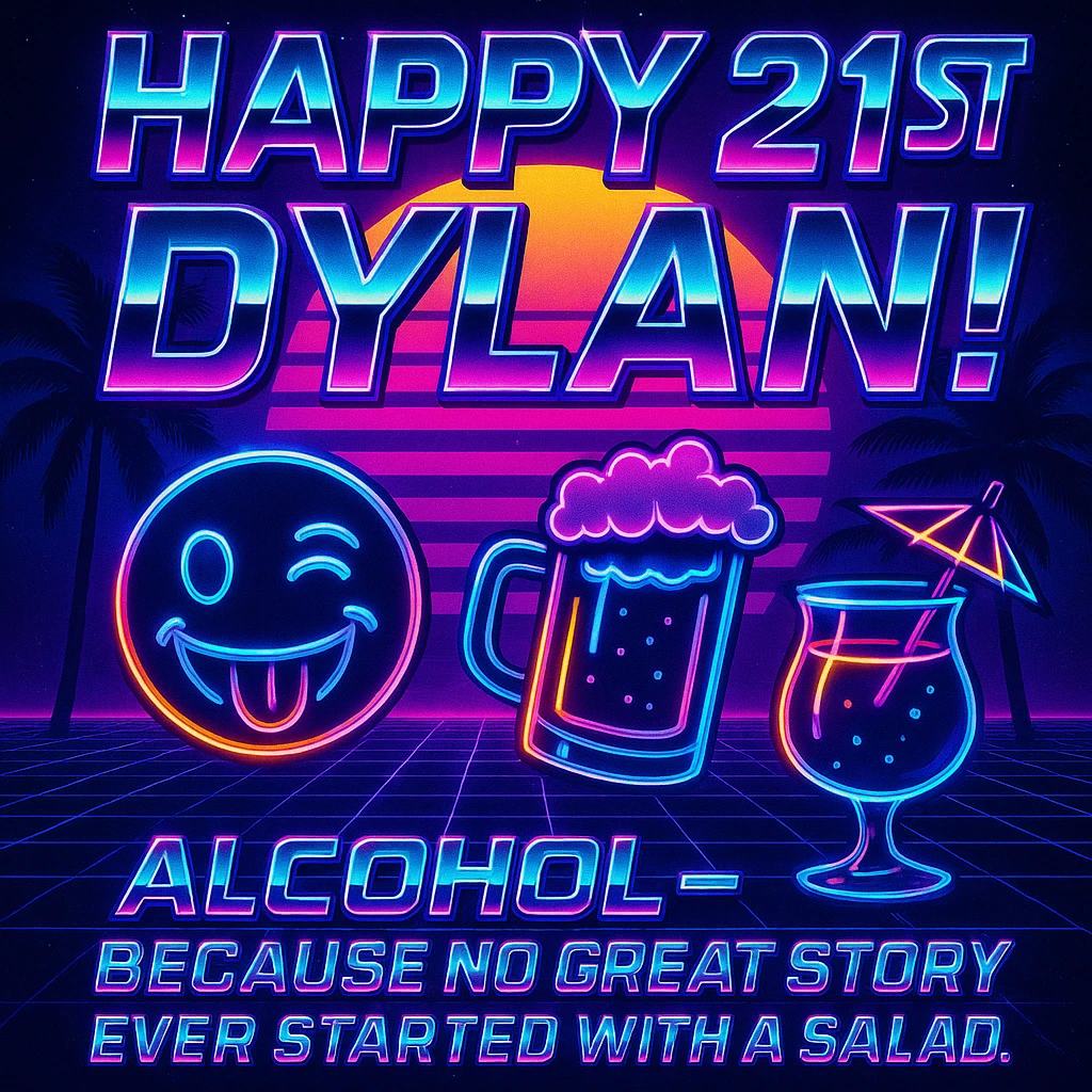 Completely change the style to vaporwave: neon colors, retro 80s grid, palm trees, synthwave sunset, chrome text, and keep the funny drink quote. Make it look digital and bold. emoji