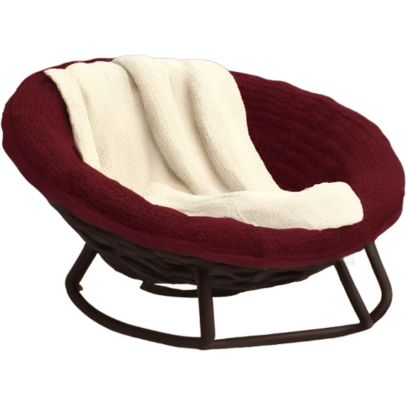 Cozy cream papasan chair with maroon pillow and chunky knit blanket emoji