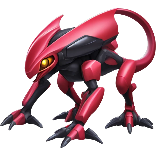 a shiny black-red Genesect-Raptor-Fakémon—hybrid with a futuristic visor-helmet full body emoji