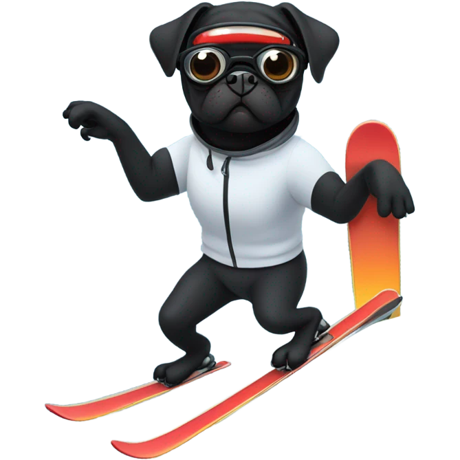 Black pug with a curly tail and goggles skiing on a snowy mountain emoji
