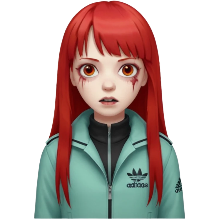 Crie um emoji de uma menina zumbi  com o cabelo vermelho longo com uma franja reta casaco de gola alta da adidas emoji