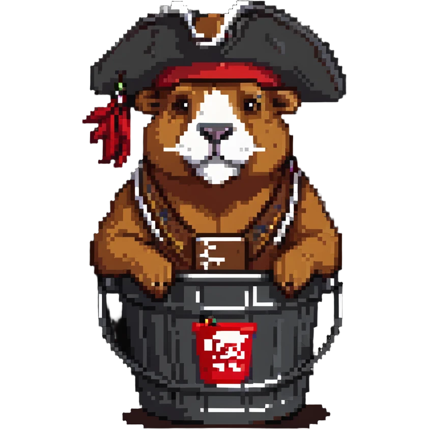 Muscular capybara with Johnny Depp features, goatee, Jack Sparrow style, sitting in a KFC bucket emoji