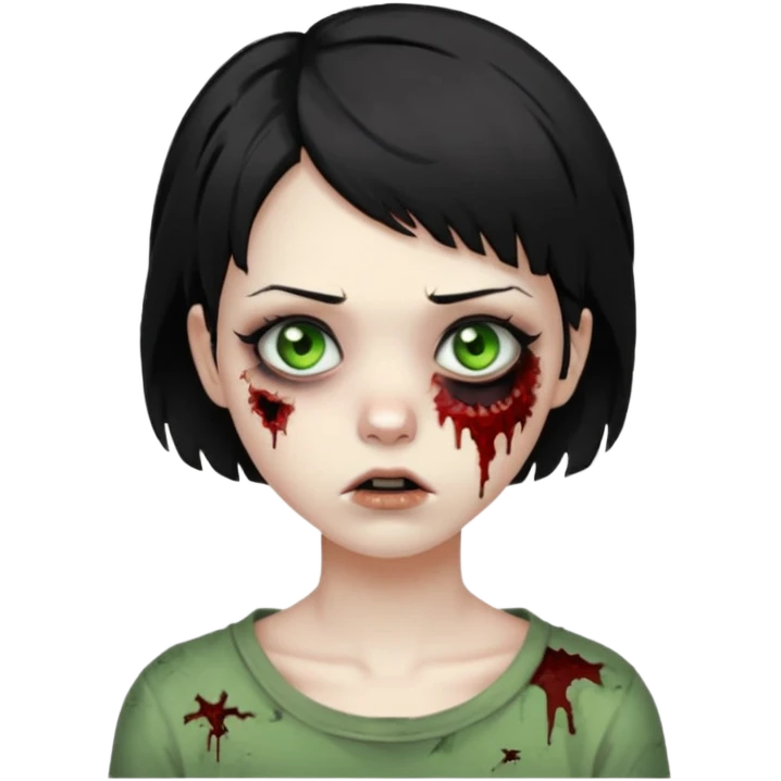 Zombie girl with messy black short hair with lashes and torn cheek and calm face emoji