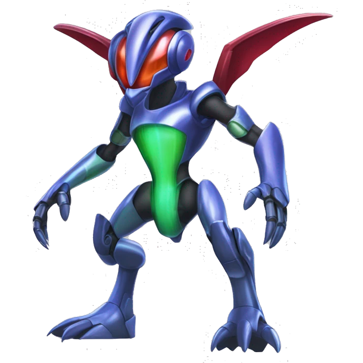 a shiny metallic Genesect-Flygon-Raptor-Fakémon-Medabot-hybrid with a futuristic visor-helmet full body emoji