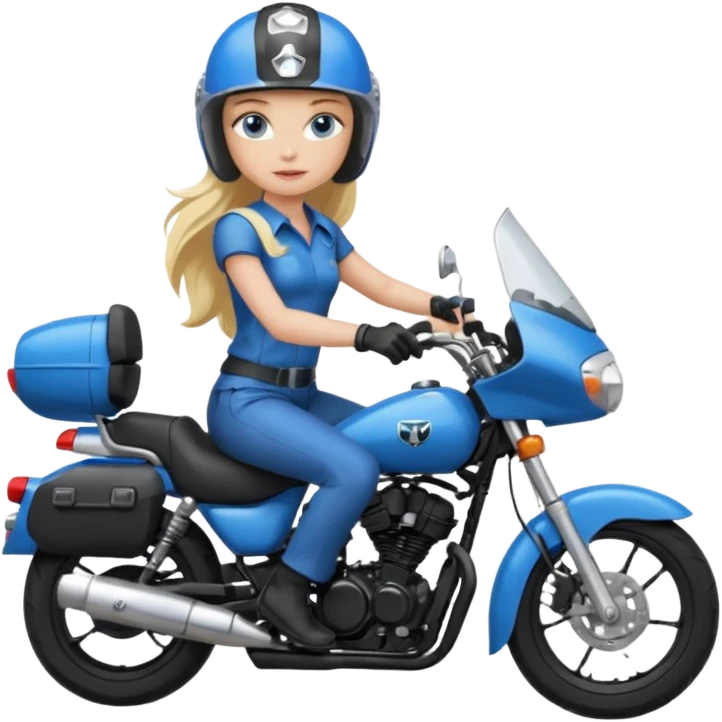 moça cabelo comprido loira de olho azul de capacete em uma moto honda preta  emoji