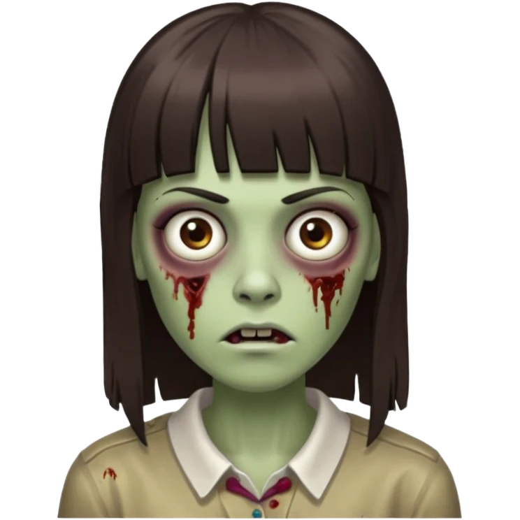 Tenho uma franja vegana, sombrancelha reta e fina, um rosto oval e meu cabelo é grande e castanho escuro. Faça no estilo zumbi  emoji