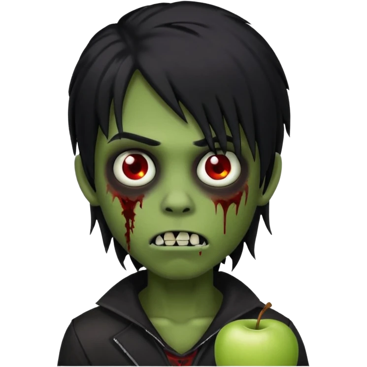 boy zombie, human features, black long hair, emo, black eyes, dark skin, Apple emoji style emoji