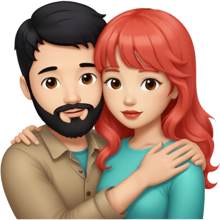 handsome mixed white asian man with black hair and beard, hugging cute tan skin girl with long wavy reddish brown hair with bangs and coral lipstick emoji