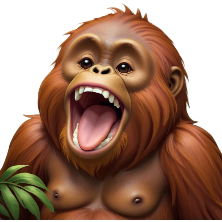 Cinematic Cute Yawning Orangutan Portrait Emoji, Head tilted slightly with a dramatic, wide-open yawn, showcasing a richly textured face with half-closed, sleepy eyes and a relaxed, open expression, Simplified yet irresistibly adorable features, highly detailed, glowing with a soft, cozy jungle glow, high shine, relaxed yet expressive, stylized with a dash of whimsical charm, soft glowing outline, capturing the essence of a drowsy yet affectionate guardian that appears ready to stretch out for a nap! emoji