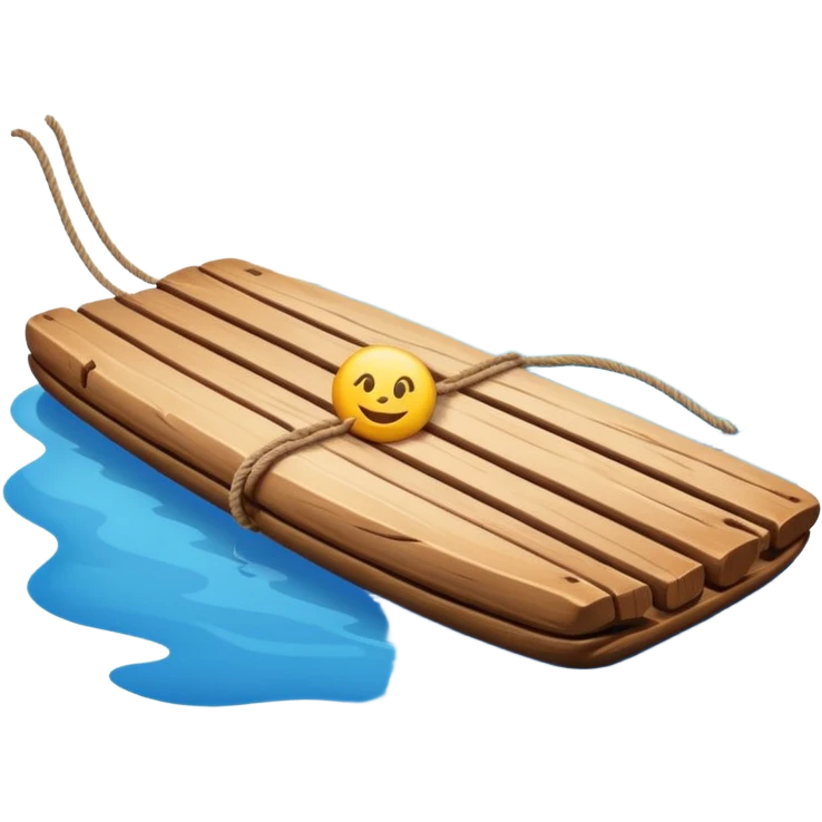 showing a simple wooden raft floating on calm blue water — made of several brown logs tied together with rope — gentle ripples around it — bright, cheerful lighting and soft shadows — minimalist, clean emoji design emoji