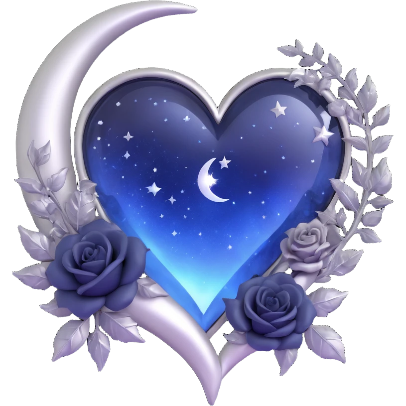 gothic heart, midnight blue glass, silver crescent moon, tiny black roses, shimmering stardust, frost and ice effect emoji