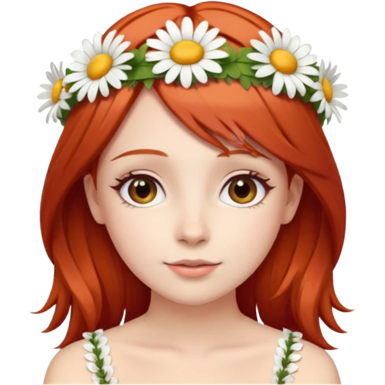 Cute and beautiful woman with straight red hair and a daisy flower crown. emoji