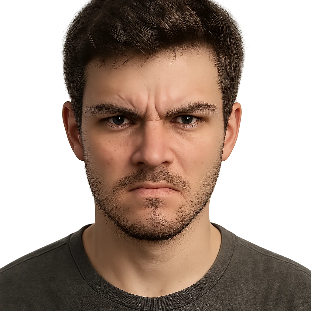 19-year-old boy with light beard and lightly grown mustache, angry expression, portrait, detailed, realistic emoji