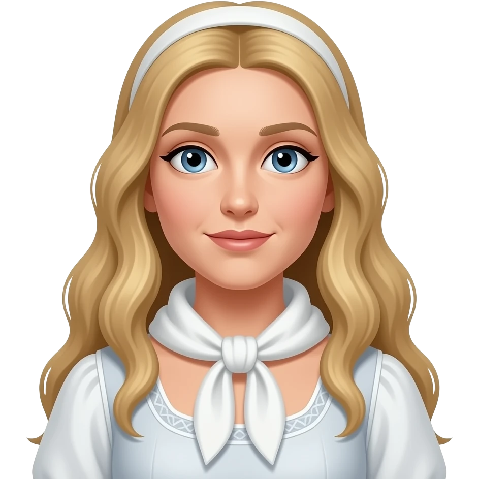 Desdemona from Otello with blue eyes, long blonde hair, white handkerchief dress emoji